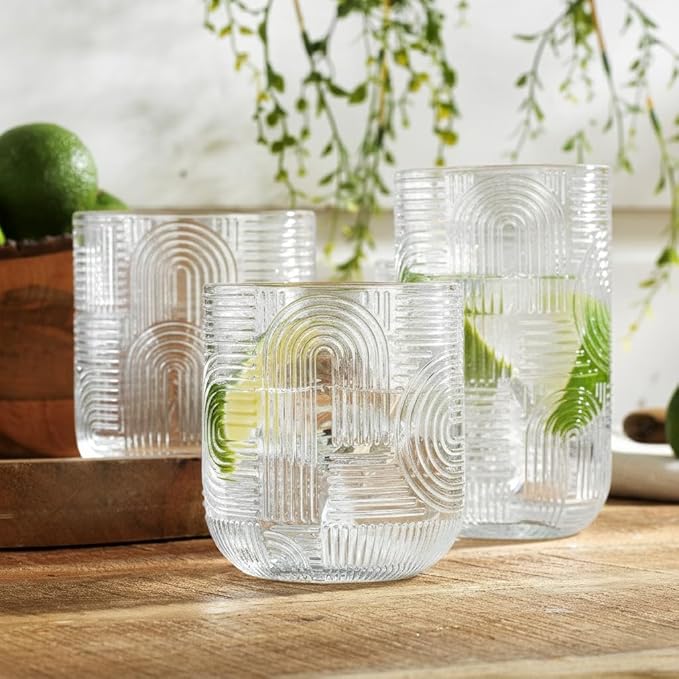 Glaver's Urban 8-Piece Premium Textured Glassware Set. 4 Highball 17oz Drinking Glasses and 4 DOF 13.2 oz Whiskey Glass Tumblers – Elegant Ribbed Arch Textured Design for Water, Juice, Cocktails.