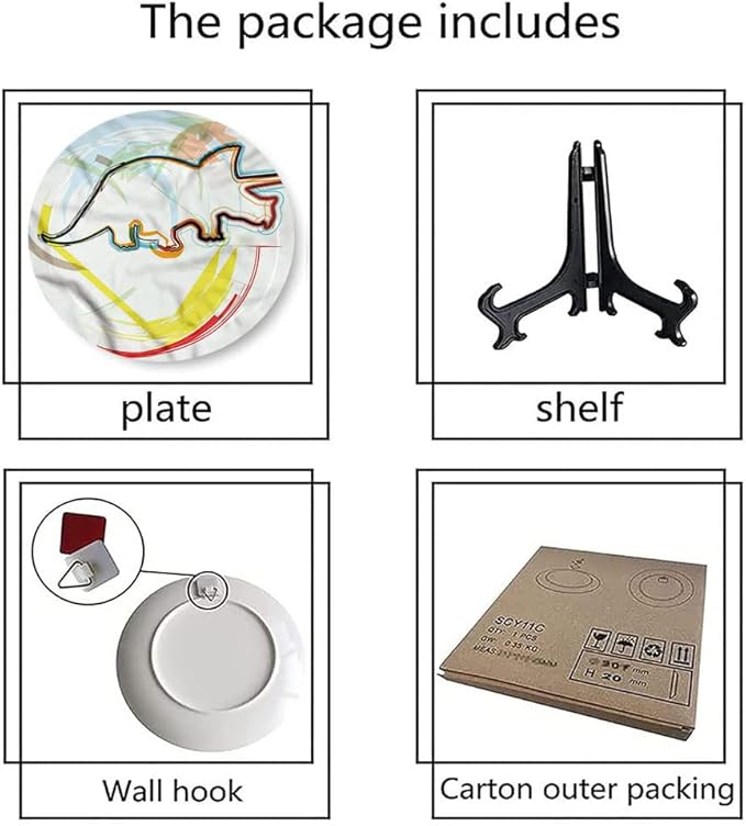 Ceramic Display Plate, Dinosaur Ceramic Hanging Decorative Plate, Triceratops Sketch Lines, 8 Inch, Household Custom Ceramic Plate, Multicolor