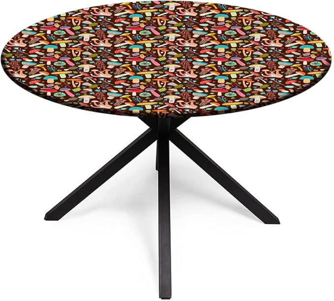 Small Round Tablecloth, Mushrooms Washable Polyester Table Cloth for, Attractive Various Cartoon Leaves and Mushrooms Graphic, Fit Round Tables 61inch, for Holiday Dining Table, Dinner, Party