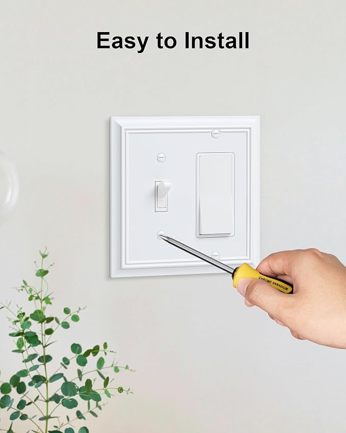2-Pack Combo Toggle/Decorator Light Switch Cover Plate, Pure White Decorative Electrical Outlet Covers, Durable Natural Bamboo Fiber Switch Plates and Outlet Covers, Corrosion Resistant