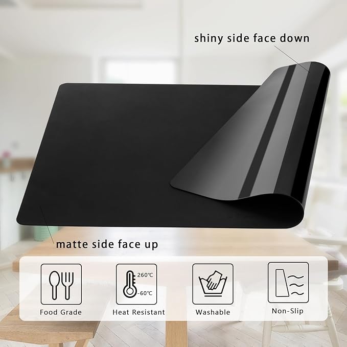Silicone Placemats, Food-Grade Non-Slip Waterproof, Dining, Stain Resistant, Countertop Protector, Kitchen Counter Mat, Heat Resistant, Baking mat Dishwasher Safe (25.6"×17.7"-1pack Thicken Black)