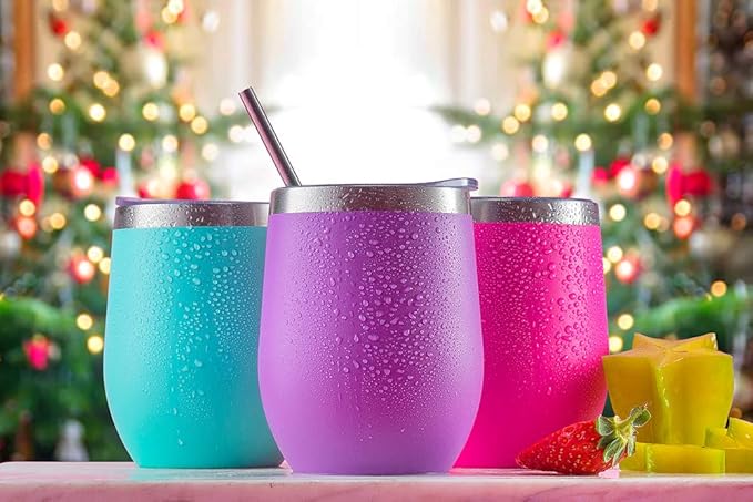 CHILLOUT LIFE 12 oz Stainless Steel Wine Tumbler with Lid - Double Wall Vacuum Insulated Wine Cup Glass Keeping Cold & Hot for Coffee, Champagne, Cocktails, Ice Cream - Powder Coated Pink