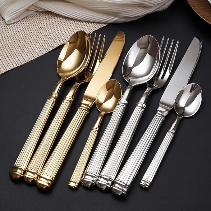Gold Silverware Set for 12 Flatware Set 48 Pieces Luxury Tableware Set Roman Column Handle Knives and Forks spoons 18/10 Stainless Steel Cutlery Utensil Sets for Home Restaurant Dishwasher Safe