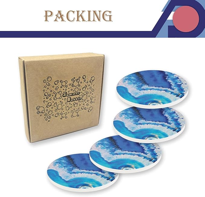 4-Piece Round Absorbent Ceramic Coaster Set with Cork Base – Durable Drink Coasters for Mugs, Cups, and Tabletop Protection (Starry Night Cat)