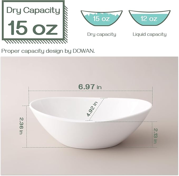 DOWAN Cereal Bowls, 12 oz White Ceramic Serving Bowl Set of 6, Oval Ice Cream Bowls for Snack Dessert Salad Pasta Soup, Microwave & Dishwasher Safe, Good Size for Garden Tea Parties