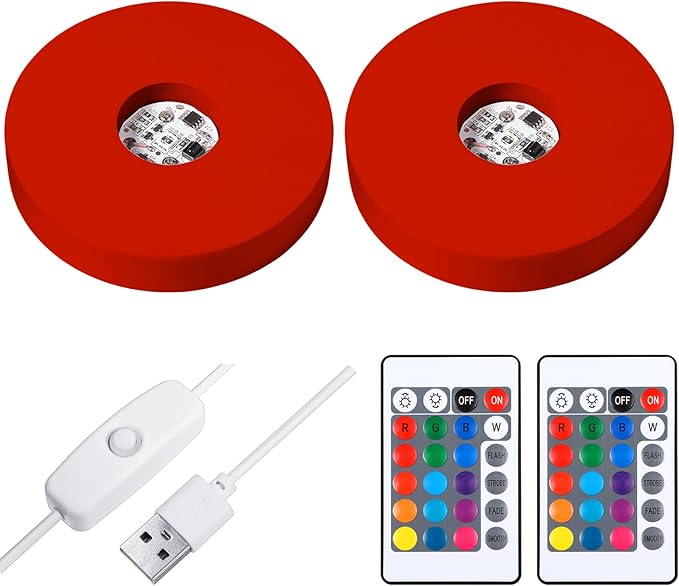 2 Pcs Light LED Base Wood LED Display Base for Glass Art Valentine Decor Crystal Acrylic Resin, 16 Colored USB Light with Remote Wooden Round Lamp Stand for 3D Crystal Ball Room Home Decor(Red)