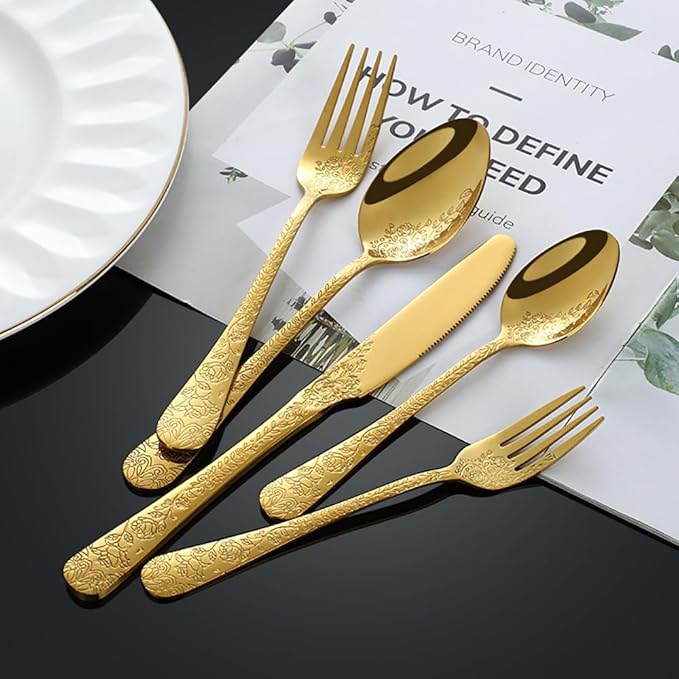 30-piece flowers Gold TWEE Silverware Set for 6, Palace Style Stainless Steel Flatware Cutlery Serving Utensils, Eating Tableware for Home Kitchen Hotel Restaurant, Mirror Polished