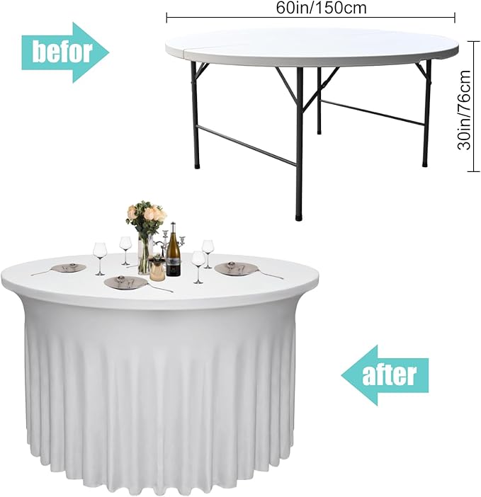 4 Pack - White Round Table Skirt (60" Diameter x 30" H) for 5ft Tables | Polyester Spandex Washable Cover | Wrinkle & Stain Resistant | Wedding, Party, Banquet Decor