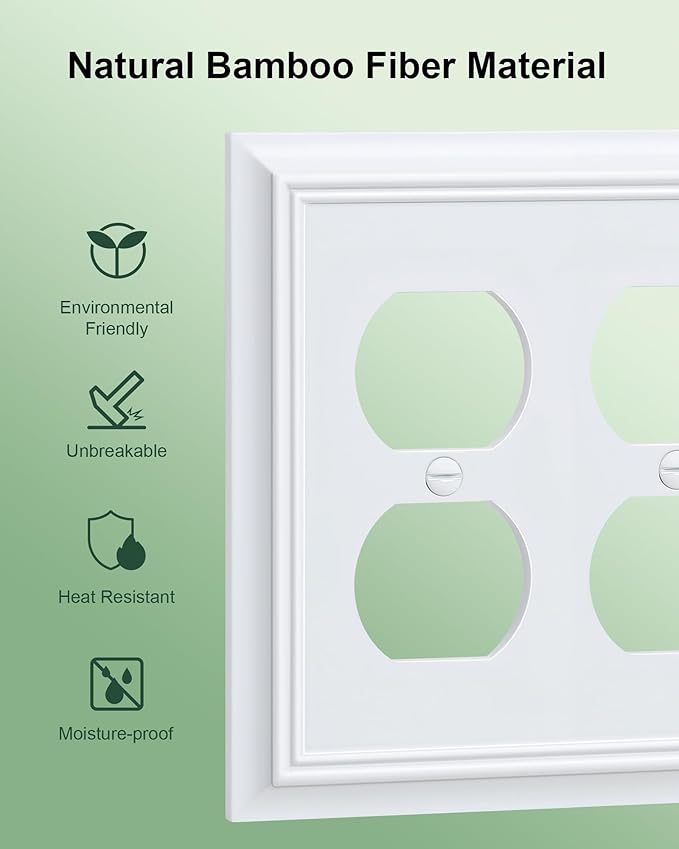2-Pack Double Duplex Outlet Cover, Pure White Decorative Switch Plates and Outlet Covers for Electrical Outlets, Durable Natural Bamboo Fiber Wall Plates, 2 Gang Receptacle Cover