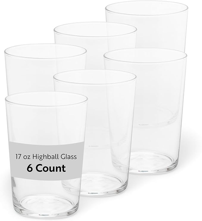 Restaurantware Sumi 17.3 Ounce Highball Glasses Set of 6 Fine-Blown Tom Collins Glasses - Tempered Dishwasher-Safe Glassware Clear Glass Tall Bar Glasses Serve Water Juices Cocktails Or Beers