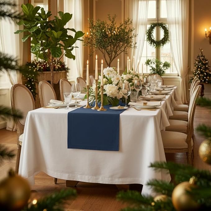 D'Moksha Homes Linen Navy Blue Table Runner 84 Inches Long - 100% Pure Linen 14 x 84 Inch Table Runner for Dining, Easter - Machine Washable