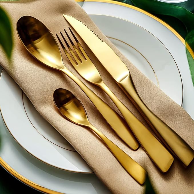 16 Piece Gold Silverware Set for 4,Modern Unique 18/10 Stainless Steel Flatware Cutlery Set, Eating Tableware Set,Vintage Luxury Style Cutlery Set for Home Restaurant Wedding Party