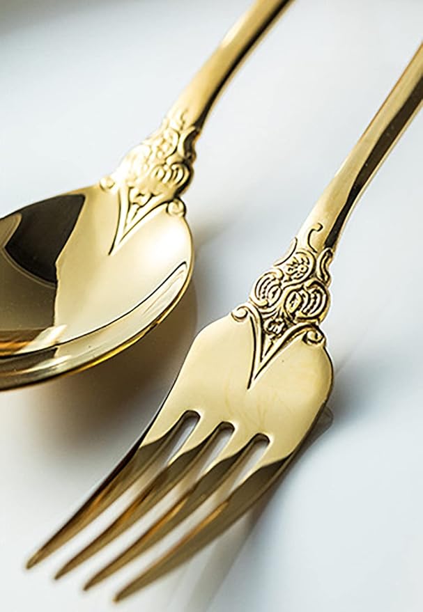 Gold Silverware Set for 14 Premium 18/10 Stainless Steel Flatware Set Palace Style 70 Piece Cutlery Tableware Utensils Embossed Decorative Handle Knives Forks and Spoons for Home Christmas Wedding