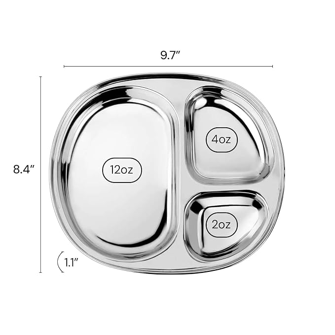 Ahimsa Stainless Steel Plates For Kids, Pediatrician Designed Divided Plates for Toddlers & Baby, Non Toxic, Unbreakable & Dishwasher Safe, Set of 4