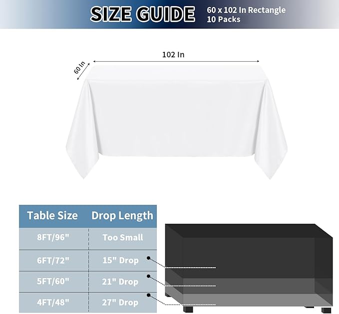 PureFit 10 Pack Rectangle White Table Cloths 60 x 102 Inch for 6Ft Tables, Stain and Wrinkle Resistant Table Linens for Home Use, Wedding, Party, Banquet and Camping
