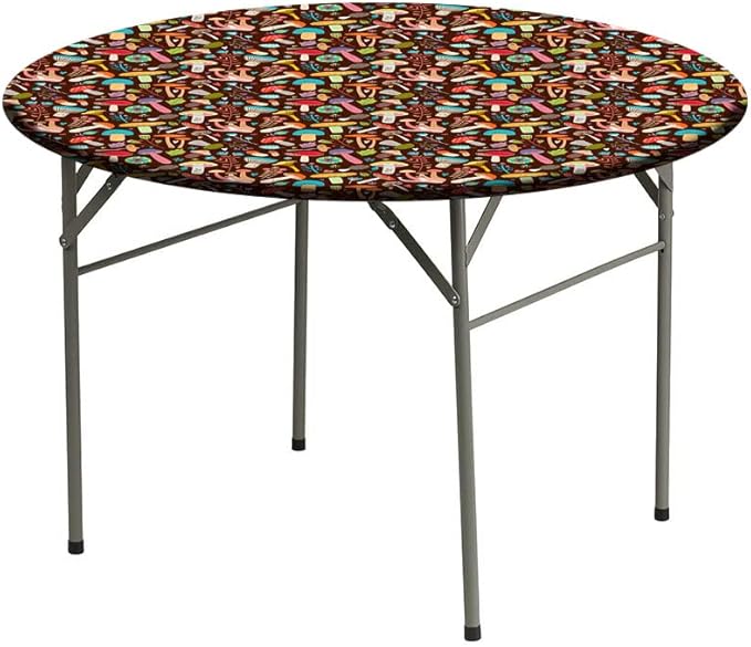Round Edge Closing Tablecloth, Mushrooms Elastic Edged Tablecloth, Attractive Various Cartoon Leaves and Mushrooms Graphic, Fit Round Tables 56inch Diameter, Buffet Table, Parties, Holiday Dinner