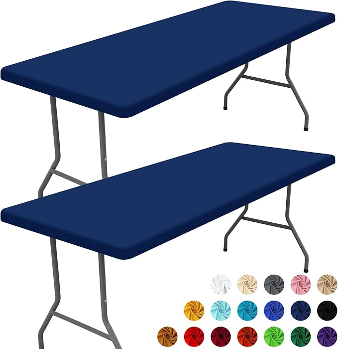 Spandex 6 Foot Rectangle Table Cloth 2 Pack, Elastic Fitted Tablecloths for Picnic, Stretch Washable Patio Table Cover for Outdoor, Camping, Banquet and Parties (Navy, 30"x72")