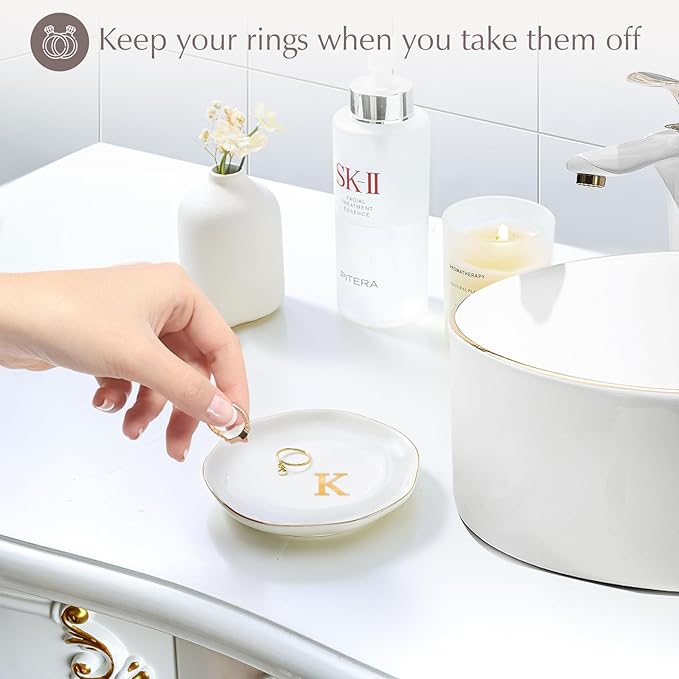 ProCase Ceramic Jewelry Tray, Initial Ring Dish Trinket Plate Engagement Gift, Small Personalized Monogram Ring Bowl for Wedding, White Decorative Jewelry Holder for Women Vanity -Letter K