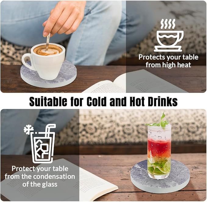 Ceramic Coasters Set of 6, Marble-Textured Design with Holder - Absorbent Cork-Backed Coasters for Cups, Bar & Coffee Table Decor Accessories (Dark Grey Marble, 6 Pack)