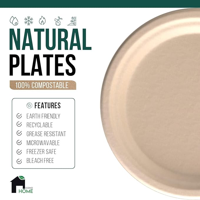 EconoHome 10 Inch Compostable Paper Plates - Eco-Conscious Disposable Plates Made of Bagasse or Sugarcane Fiber - Microwave, Refrigerator-Safe - Heavy Duty Paper Plates for Dinner - Case of 500