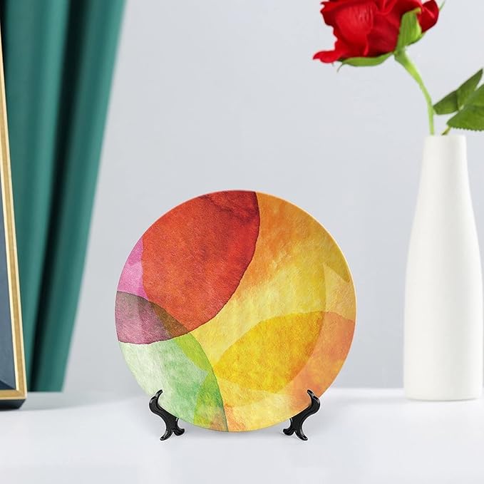 Decorative Plates, Abstract Print Ornament, Watercolor Style in Modern Art Design, 10 Inch, 1 Plate with 1 Display Stand, Yellow Orange Lime Green