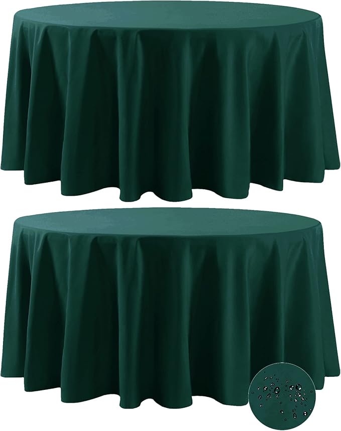 Fokitut 2 Pack Waterproof Round Tablecloth, 132 Inch, Stain Resistant and Wrinkle Polyester Table Cloth, Fabric Table Cover for Kitchen Dining, Wedding, Party, Holiday Dinner-Hunter