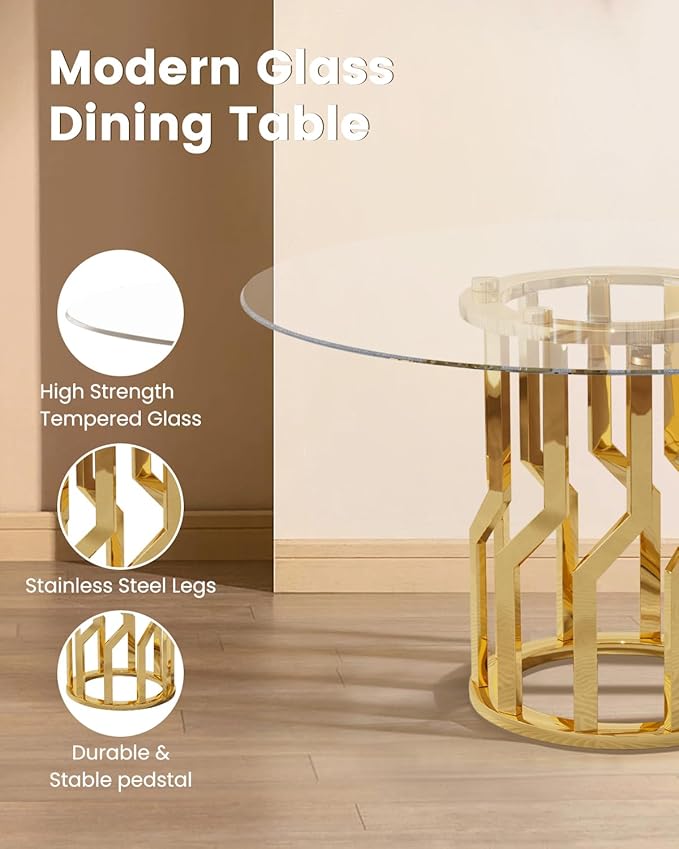 47.2" Round Glass Dining Table Set for 4, Modern 5 Piece Kitchen Table Set with Gold Stainless Steel Base & 4 PU Leather Accent Chairs, Saving Space, Dining Set for Apartment, Home - Grey Chair