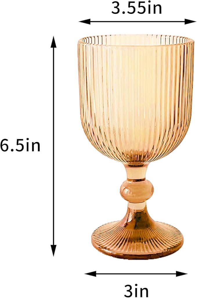 12 Pcs Vintage Wine Glasses, 11 Ounces Colored Glass Water Goblets, Colorful Unique Embossed Pattern High Clear Stemmed Glassware Wedding Party Bar Glass Drinking Cups Vertical Line Amber Set of 12