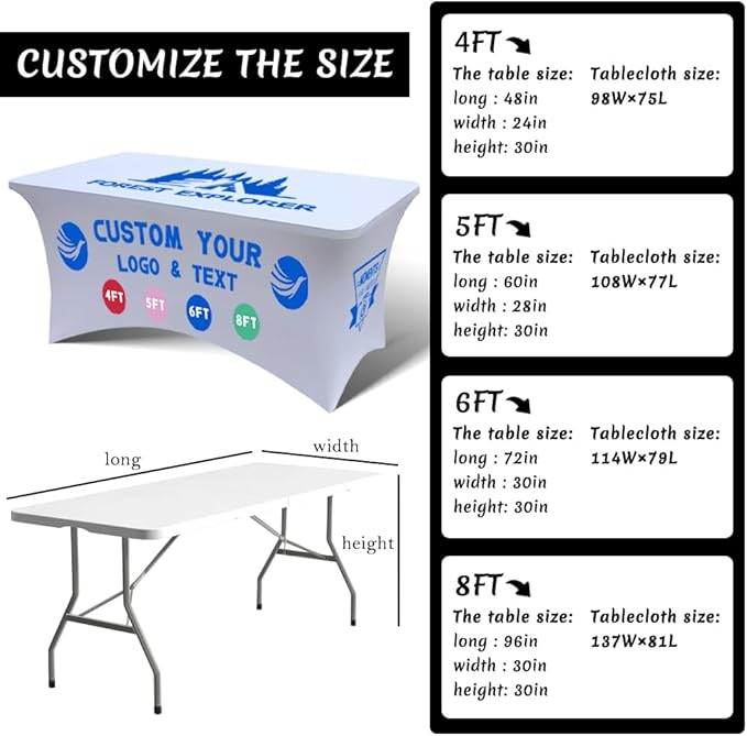 Personalized Table Cloth with Logo Image Customized Tablecloth 4FT/5FT/6FT/8FT Spandex Customized Table Cover Promotional Business Tradeshow Events Birthday Party Wedding (5FT Spandex(Closed back))