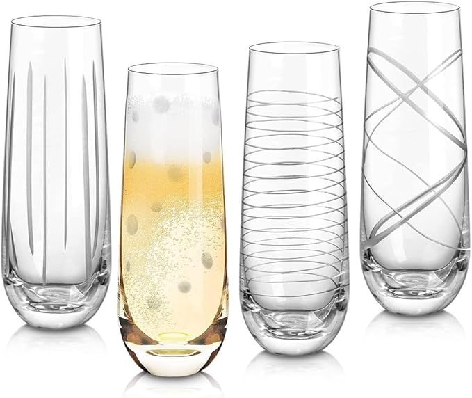 Set of 4 Crystal Stemless Wine Glasses with Etched Dots and Stripes Pattern, 17.5oz Elegant Glassware for Red Wine, Perfect for Weddings, Anniversaries, and Parties (Clear)