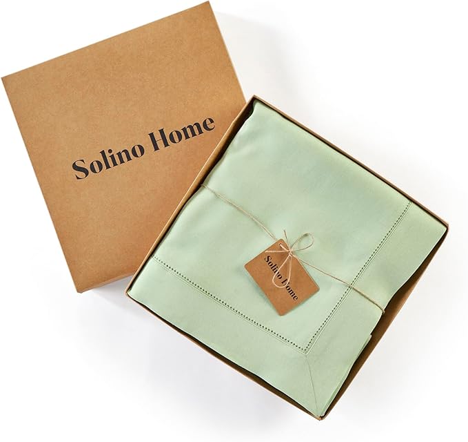 Solino Home Linen Tablecloth for Rectangle Tables 60 x 90 Inch - Classic Hemstitch 100% Pure Linen Light Green Table Cloth - Machine Washable Cloth Tablecloth for Spring, St Patricks Day, Easter