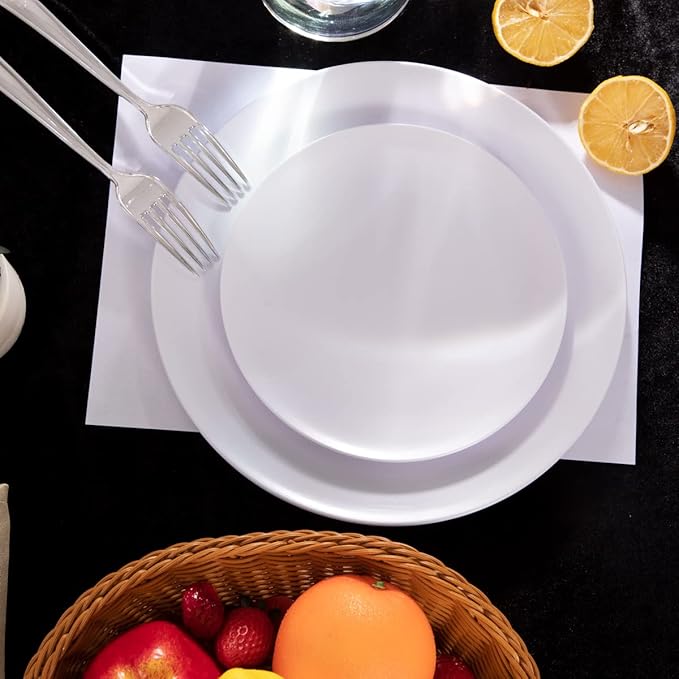 PULOTE 100PCS White Plastic Plates Disposable - Heavyweight 50 White Dinner & 50 Dessert/Salad Plates for Wedding, Party