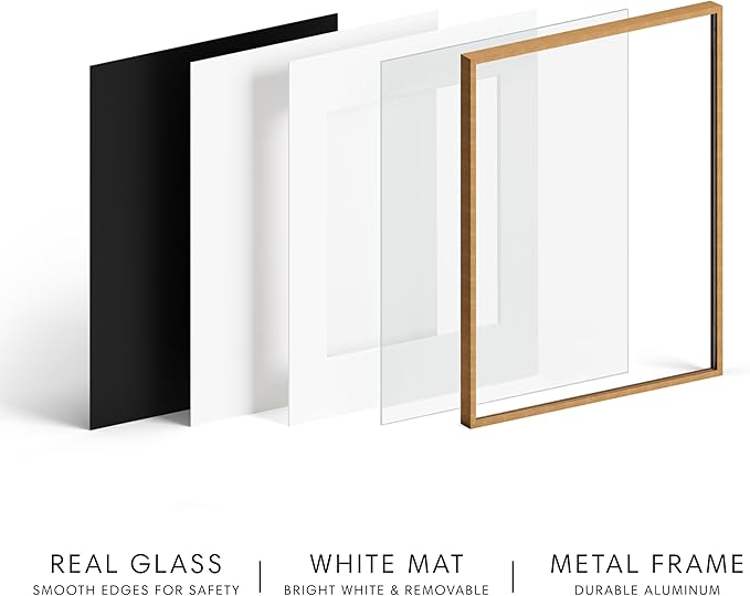 HAUS AND HUES 8x10 Picture Frame with Real Glass & Brass Premium-Grade Metal Matted to 5x7 - Aluminum 8x10 Frame - Includes Easel Back, Hanging Kit - Ideal for Home, Office (8x10 in, Brass)