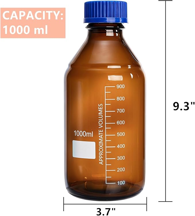 Yopay 4 Pack Media Storage Bottles, 1000 ml Amber Borosilicate Glass Graduated Bottles, Brown Leak Proof Round Scientific Container for Labs Water Reagent Liquids Classrooms or Home Use