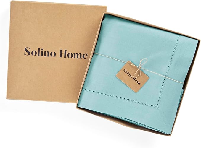 Solino Home Linen Tablecloth for Rectangle Tables 60 x 90 Inch - Classic Hemstitch 100% Pure Linen Aqua Blue Table Cloth - Machine Washable Cloth Tablecloth for Spring, Easter