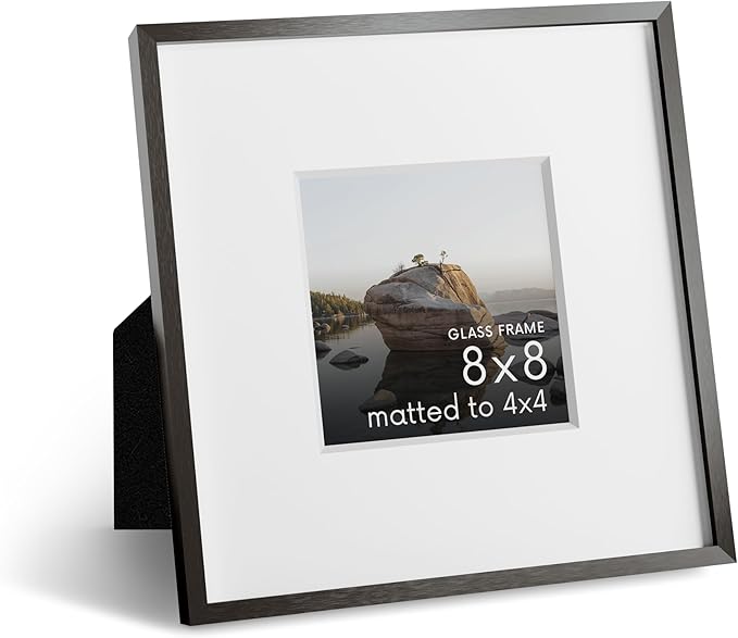 HAUS AND HUES 8x8 Picture Frame with Real Glass & Gray Premium-Grade Metal Matted to 4x4 - Aluminum 8x8 Inch Frame - Includes Easel Back, Hanging Kit - Ideal for Home, Office (8x8 in, Gray)