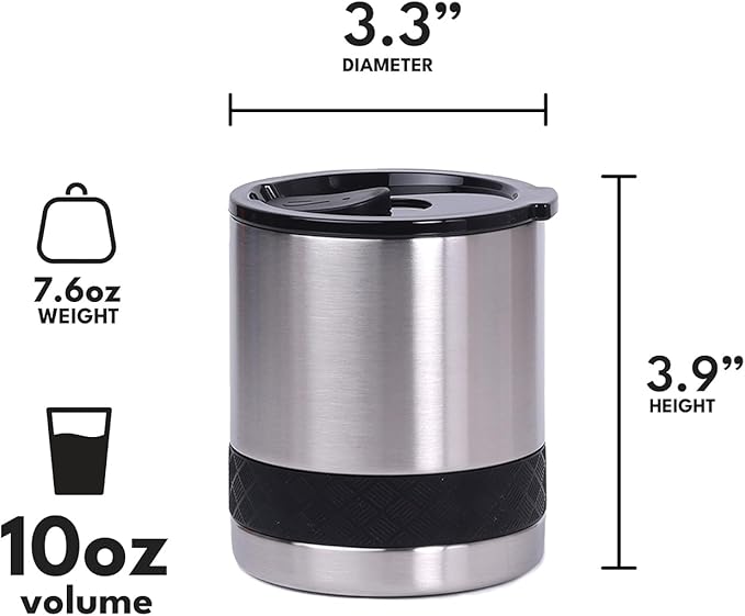 Elemental Recess Lowball Tumbler, 10oz Triple Wall Stainless Steel Cup with Non-Shattered Tritan Lid, Insulated Whiskey Glass, Insulated Coffee Tumbler Mug for Hot & Cold Drinks - Brushed Steel