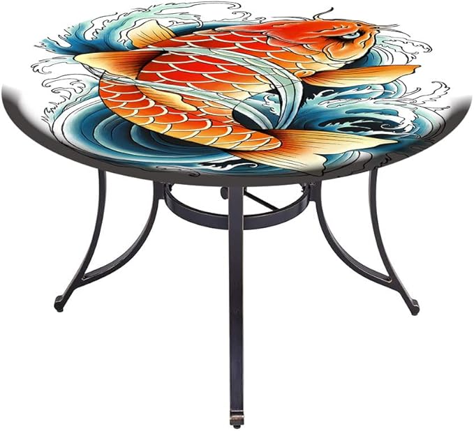 Round Tablecloth, Koi Fish Tablecloth for Side Table, Tattoo Style Japanese Wave, Fit Round Tables 32inch Diameter, Buffet Table/Parties/Holiday Dinner, Multicolor