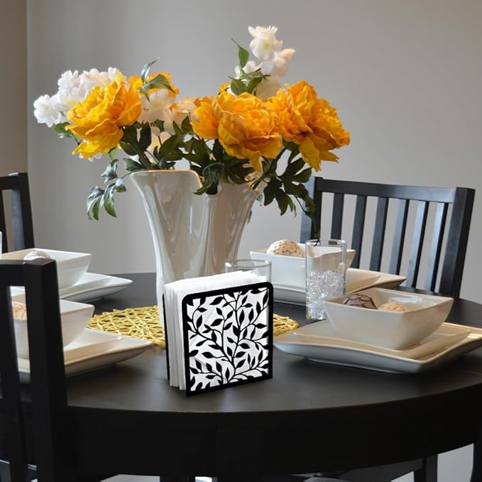Leaves and Branch Decorative Black Metal Napkin Holder for Table, 4.9" x 4.9" x 1.9" Standing Napkin Holder for Home Kitchen Restaurant Picnic Party Coffee Bar Dining Room