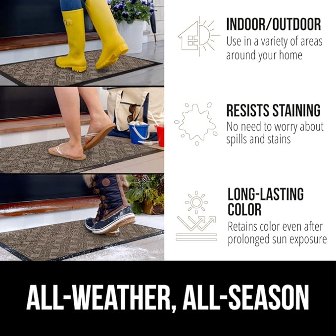 GORILLA GRIP 100% Waterproof All-Season WeatherMax Doormat, 47x35, US Designed Natural Rubber, Stain and Fade Resistant, Low Profile Indoor Outdoor Door Mats, Easy Clean Patio Mat, Taupe Basket Weave
