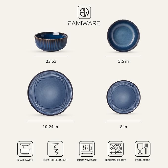Famiware Starlight Plates and Bowls Dishes Set of 4 (12 Pieces), Ribbed Textured Stoneware Dinnerware Sets- Dishwasher & Microwave Safe, Chip & Scratch Resistant, Starry Blue