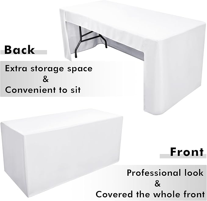 Nasitos 4 Pack White Tablecloth Fitted for 6 Foot Rectangle Tables-Open Back Table Cover Washable and Wrinkle Resistant Table Cloth for Parties, Wedding, Banquet, Jewelry Shows, Craft Fair, Trade Show