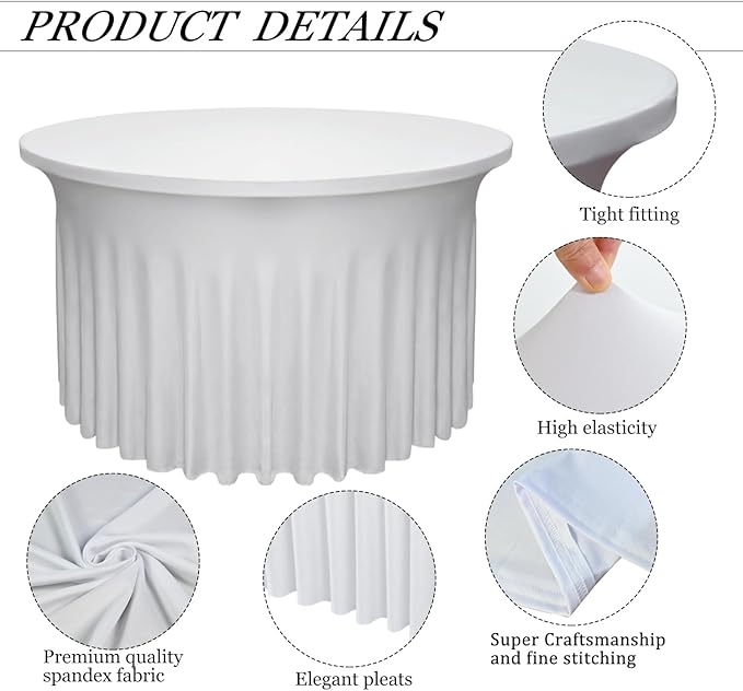 4 Pack White Round Table Skirt, 48 Inch Diameter x 30 Inch Height, Stretch Polyester Spandex Tablecloth for 4ft Round Tables, Stain & Wrinkle Resistant for Wedding, Party, Banquet Decor