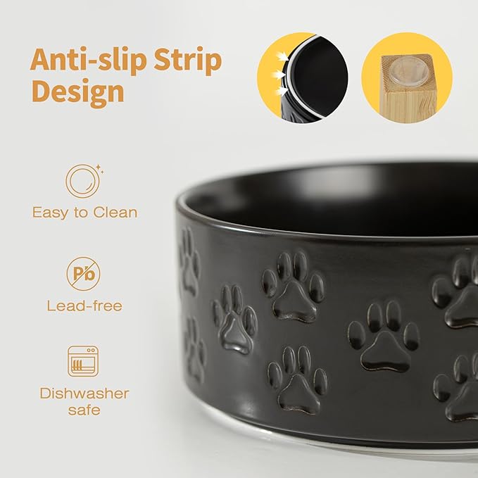 Elevated Ceramic Dog Bowls 2 Pack, 5.1" Individual Dog Bowl with 2 Fixed Height Stand, 1.6 Cup Food and Water Bowls for Toy Breed, Small-Breed Puppy (Double Bowls + Double Stands - Black, 5.1 inch)