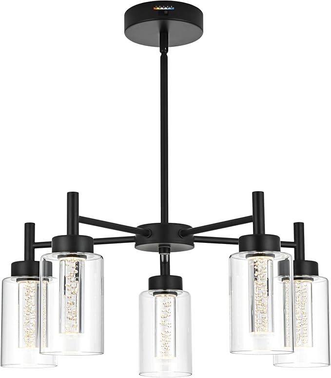 VINLUZ 5 Light LED Modern Pendant Lights, Classic Black Chandelier with Crystal Bubble Clear Glass Shade Indoor Kitchen Island Lights Fixtures for Dining Room Cafe Bar