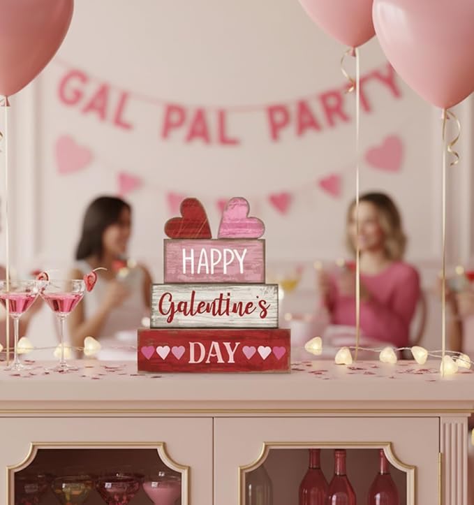 5 Pcs Happy Galentines Day Decorations Wooden Hearts Table Centerpiece Happy Galentines Day Party Table Sign for Valentines Tiered Tray Desk Mantle Shelf Decor