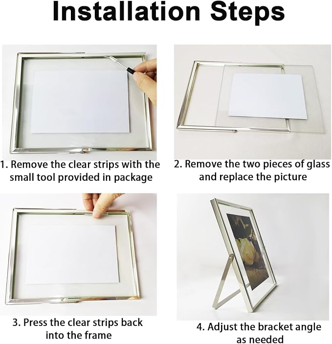 Silver Floating Picture Frames - Set of 3, for Photo Size 4×4, 4×6, 5×7, Vertical Tabletop Display, Double Glass Metal Frame for Wedding, Home or Office Desk Decoration (Silver)