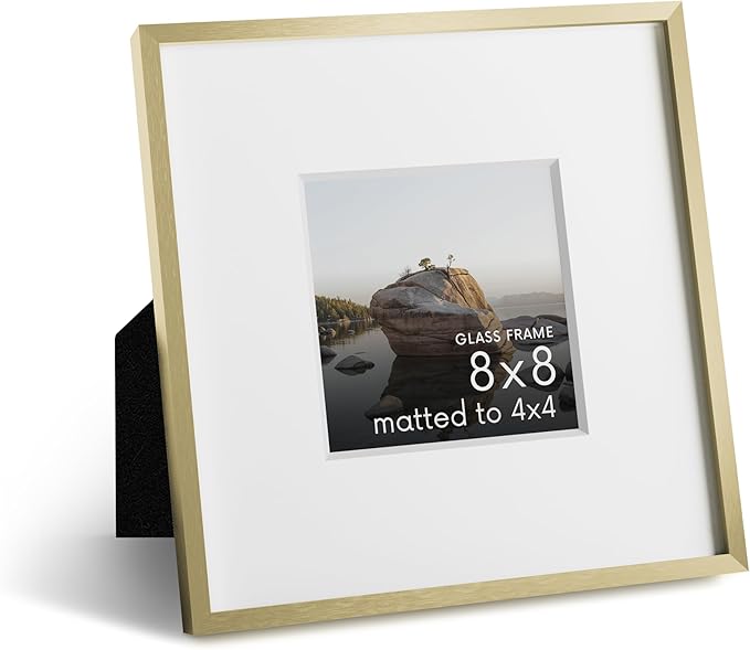 HAUS AND HUES 8x8 Picture Frame with Real Glass & Gold Premium-Grade Metal Matted to 4x4 - Aluminum 8x8 Frame - Includes Easel Back, Hanging Kit - Ideal for Home, Office (8x8 in, Gold)