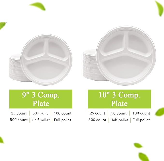 three leaf 9" 3 COMPARTMENT BAGASSE ROUND PLATE, 500 Ct. Heavy-Duty- Super Strong- Natural- Eco-Friendly Disposable Bagasse Plates, 100% Biodegradable 9 inch 3 compartment plates