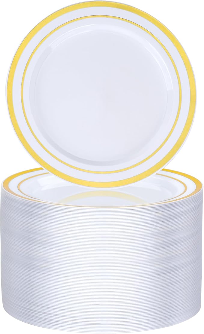BESTVIP 100PCS Gold Plastic Plate, 7 Inch Disposable Dessert Plate Party with Gold Rim, Heavy Duty Disposable Plastic Plates for Party, Wedding and Birthday